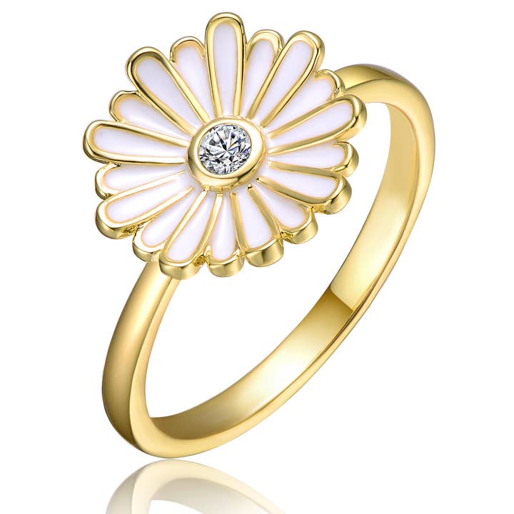 14K GP Ring mit kubischen Zirkonia, weiße Emaille, Gänseblümchen für den Großhandel von Rachel Glauber