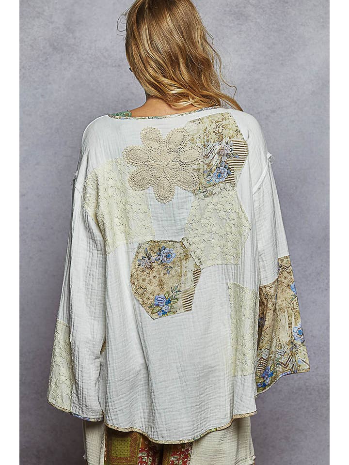 Pol Clothing - Wholesale Cardigan - Women's - Long sleeve double gauze crochet patch cardigan woven top7