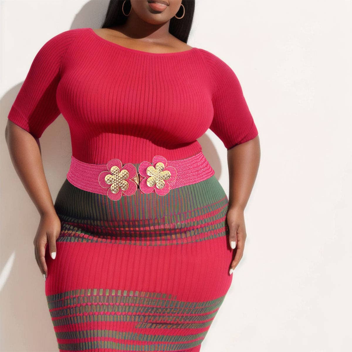 Fuschia Stretch Belt Raffia Fuchsia Flower for Women for wholesale on Faire0