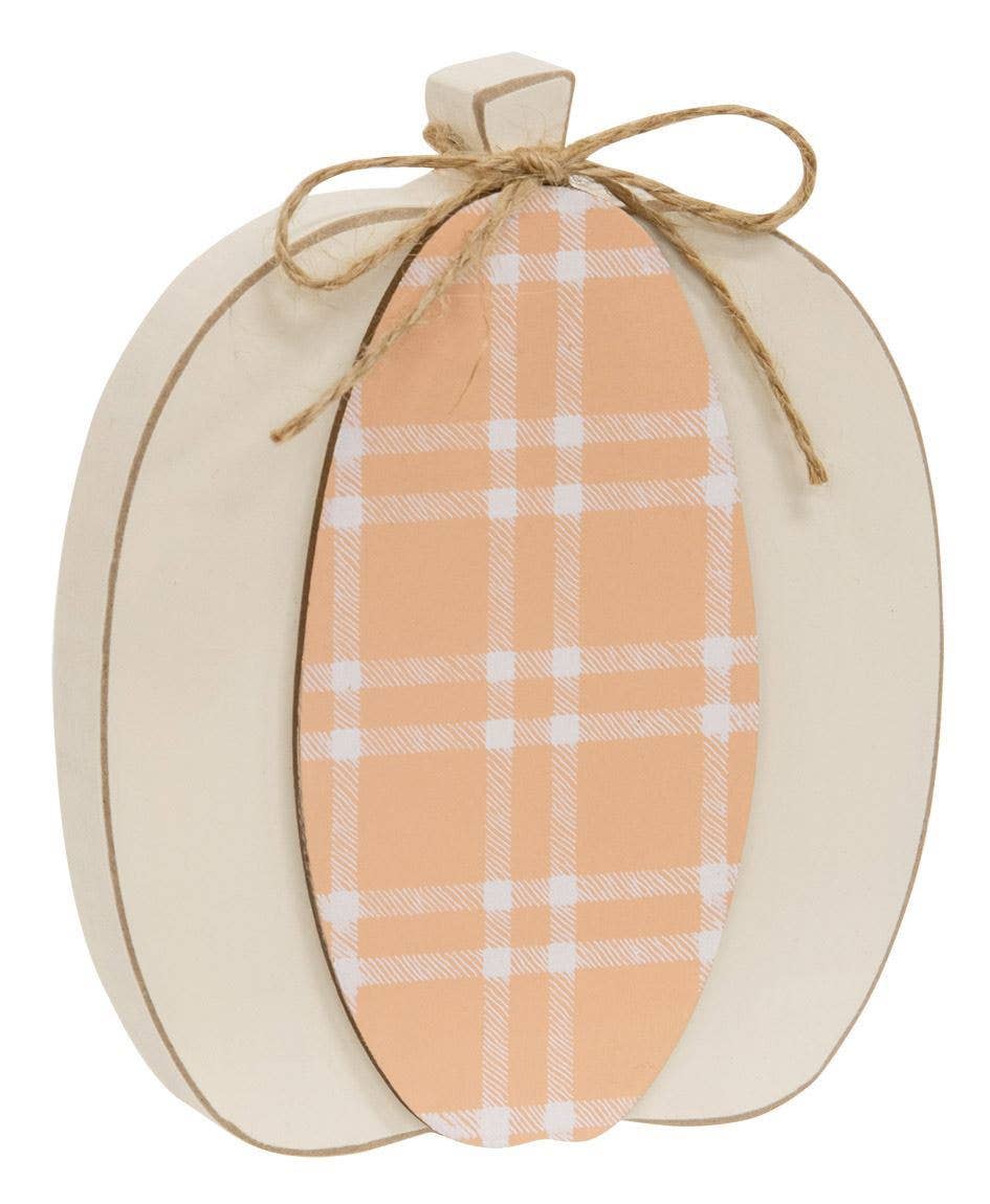 Col House Designs - Wholesale Decorative Tabletop Object - Cream & Orange Plaid Wooden Pumpkin Sitter, 2 Assorted3