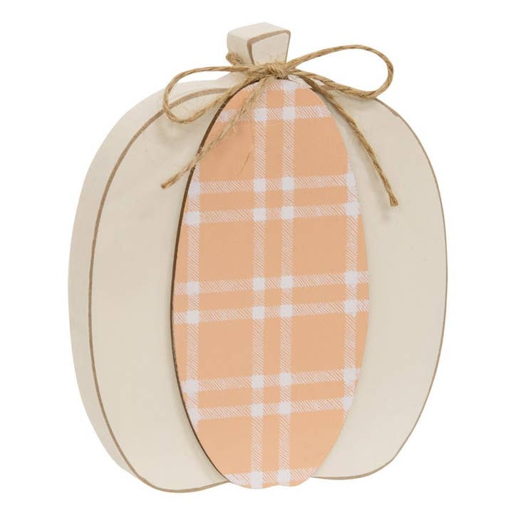 Col House Designs - Wholesale Decorative Tabletop Object - Cream & Orange Plaid Wooden Pumpkin Sitter, 2 Assorted3