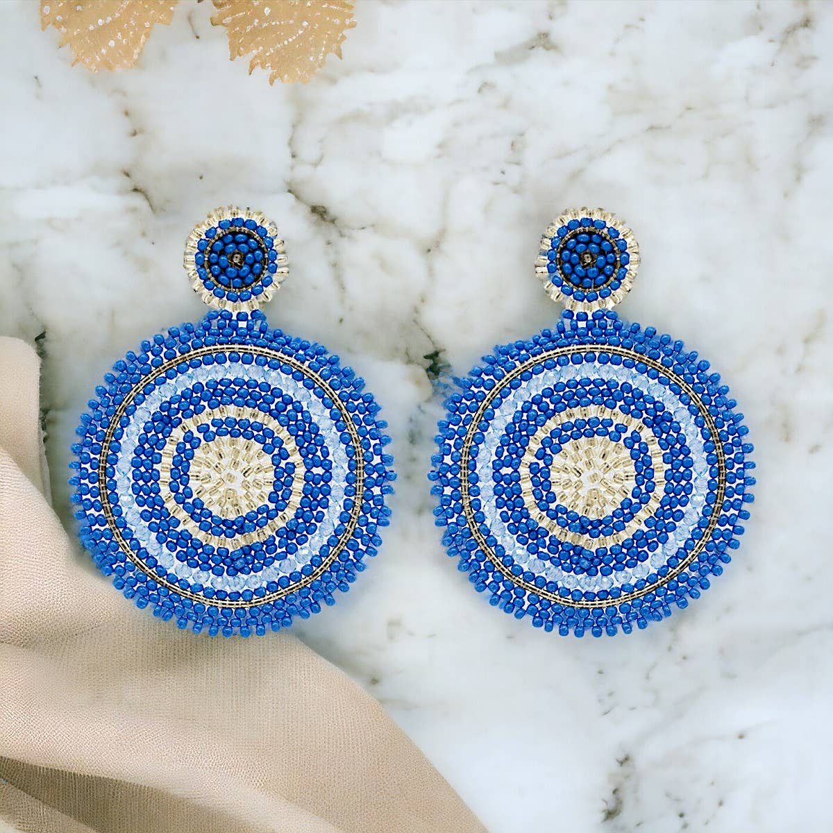 Narratives The Line – wholesale Dangle earrings – Royal Blue & Gold Beaded Circle Drop Earrings2