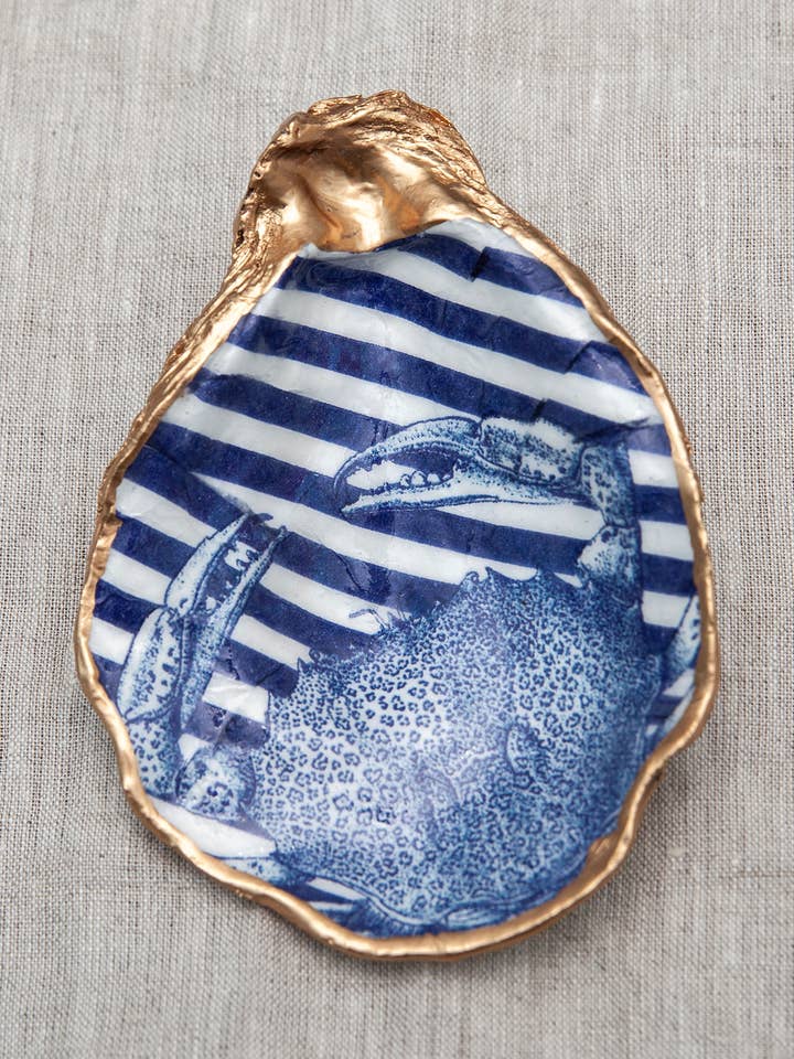 Blue Crab Decoupaged Oyster Shell Decorative Dish for wholesale by Blair's Oyster Shells