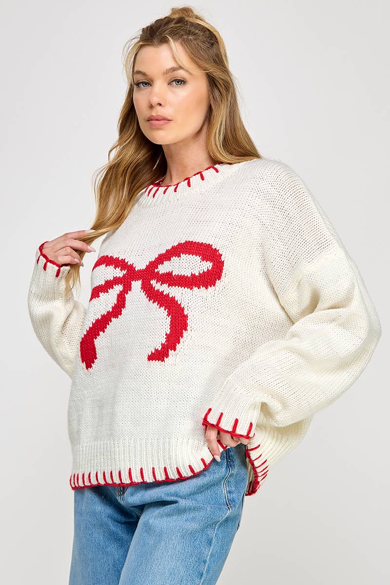 Sweet Generis - Vente Pull en maille – femme - Pull col rond de fête avec gros nœud et surpiqûres contrastées22