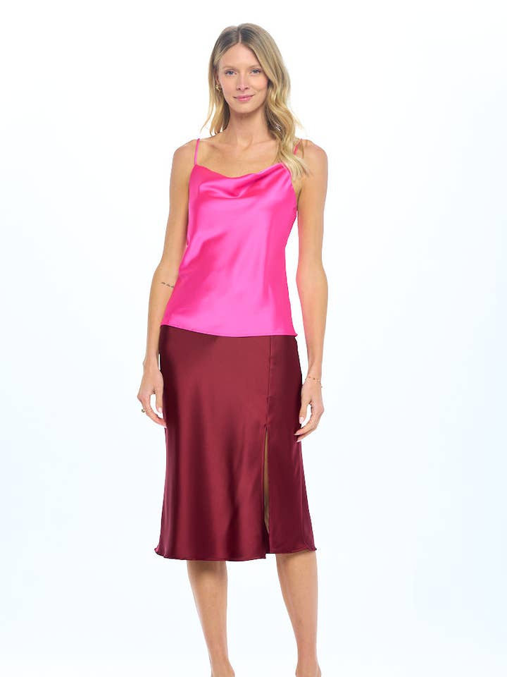 Made in USA - Solid Satin Midi Skirt with Slit for wholesale by LKLUV