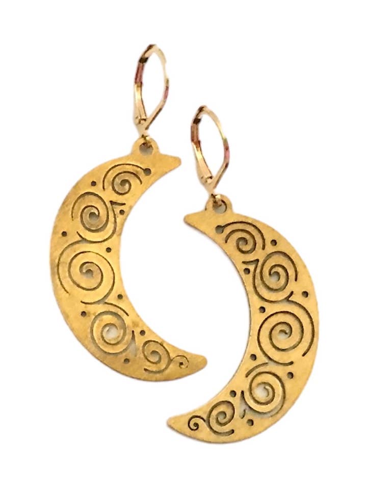 Brass Moon with Swirls Earrings for wholesale by Dreamspirit