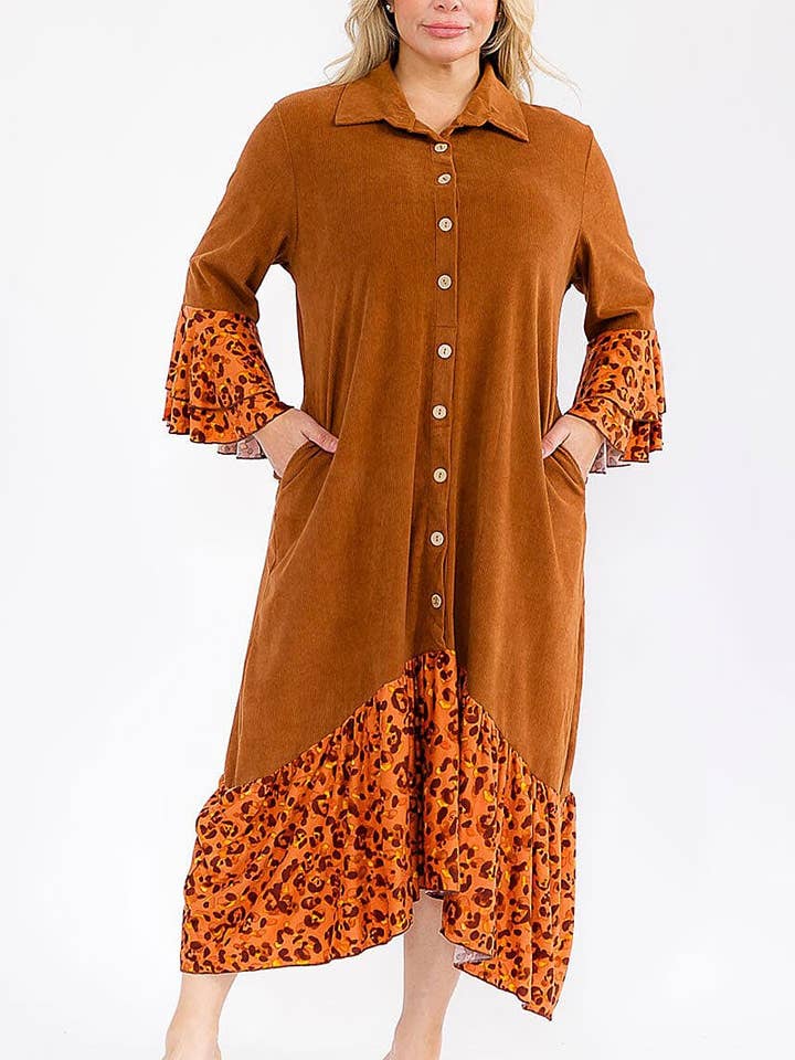 CAMEL BELL SLEEVE FRONT POCKETS ANIMAL CONTRAST DRESS for wholesale on Faire0