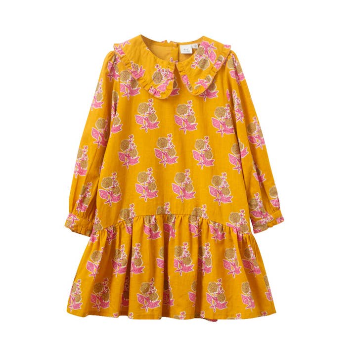 Beet World - Wholesale Dress - Kids - Wide Collar Dress | Mustard Floral