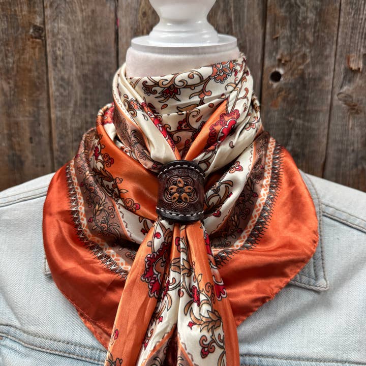 Rodeo Drive - Wholesale Scarf - Unisex - 35X35" Burnt Orange & Tan Paisley Wild Rag / Scarf - Tooled Leather Wild Rag Slides - Assorted
