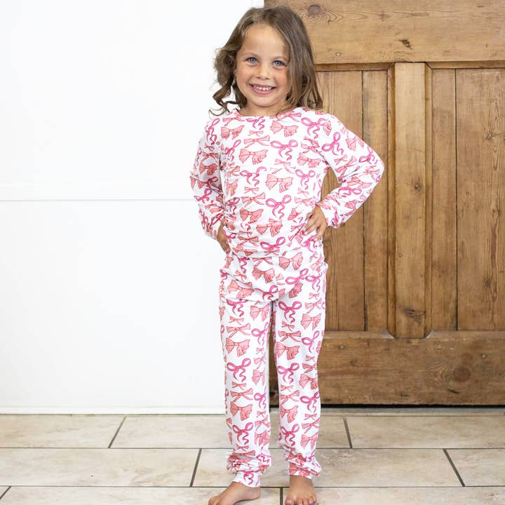 The Royal Standard - Wholesale Sleepwear Set - Kids - Kid's Sutton Bow Long Sleeve Pajamas White/Pink -Asst.