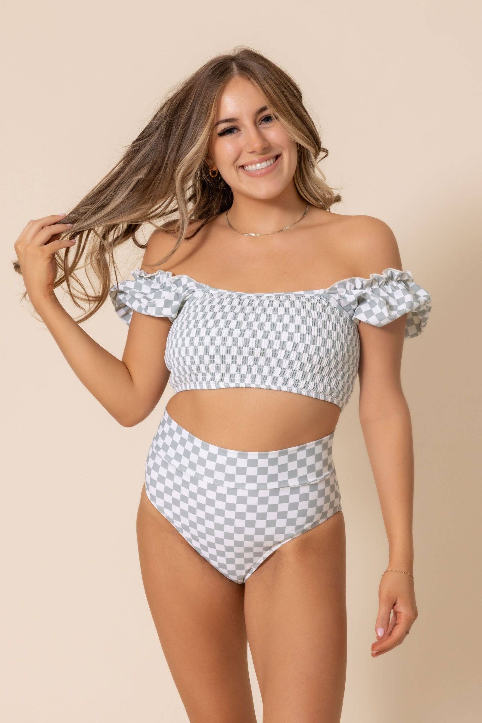 Roco Swim - Wholesale Two Piece Swimsuit - Women's - Women's Sleeved Bikini | Green Checkered2
