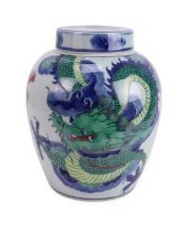 Te-burk, Chinoiserie blått och grönt drakmotiv, platt lock för wholesale av The French Bee & Co