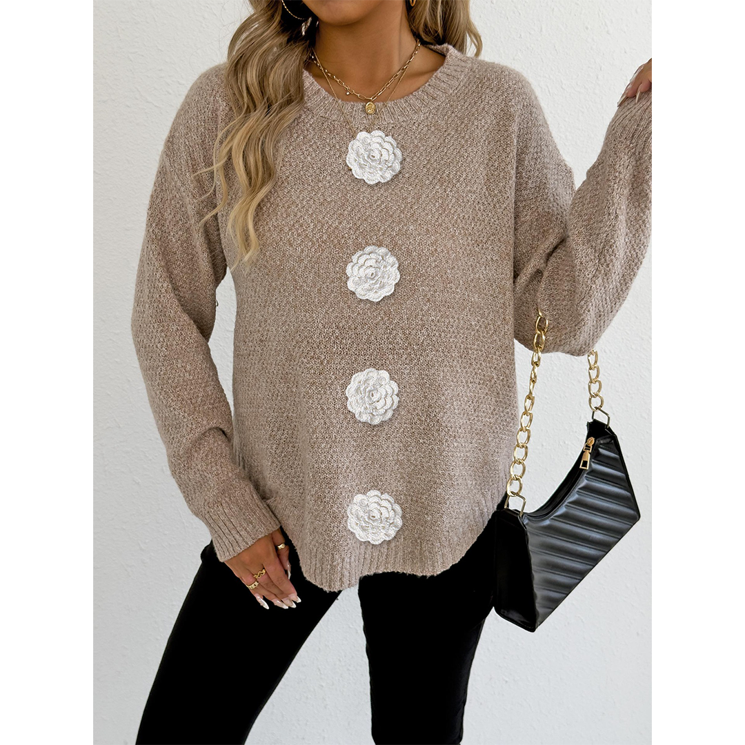 UNISHE - Wholesale Knit Sweater - Women's - Casual Button Crochet Floral Decor Pullover Sweater OYM2452