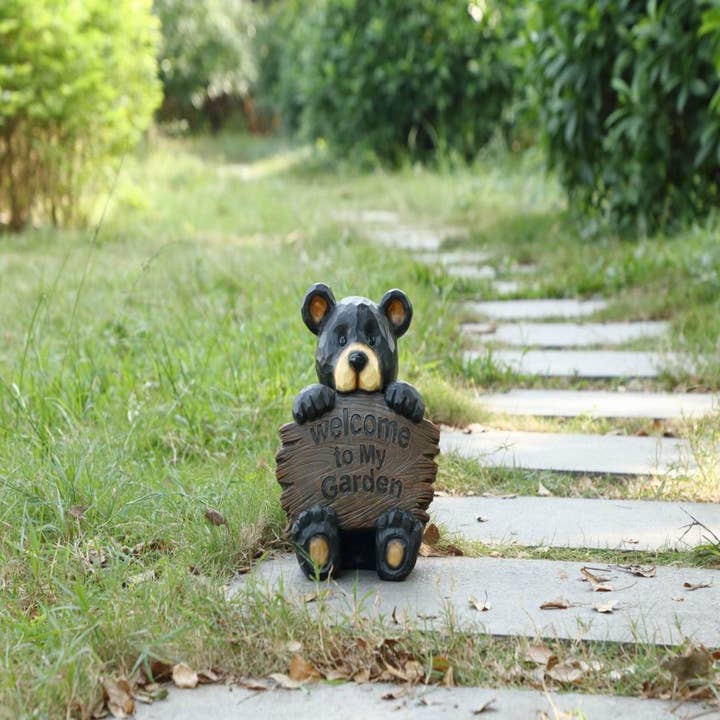 Hi-Line Gift Ltd. - Wholesale Outdoor Sign - Bear Cub Holding Welcome Sign1