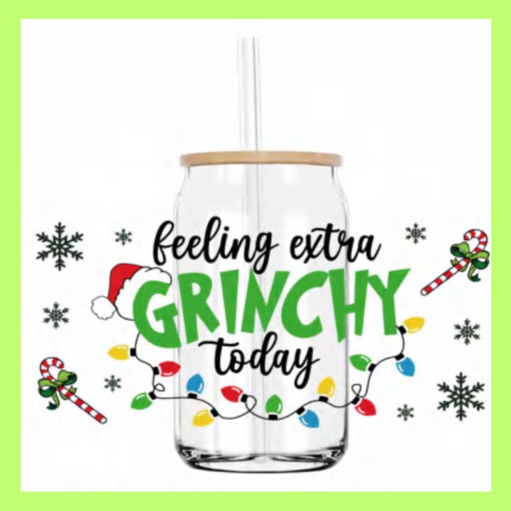 MySunshineCandless - Wholesale Drinking Glass/Cup - Christmas Grinch Cup 16oz Glass Can Cup With lid and Straw4