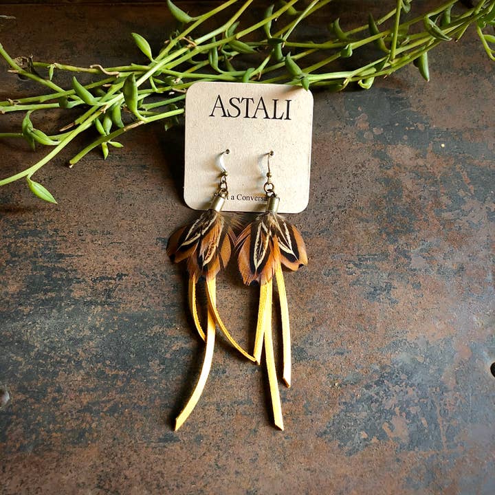 Feather Mini Earrings - Gold Leather & Pheasant Feathers for wholesale by ASTALI