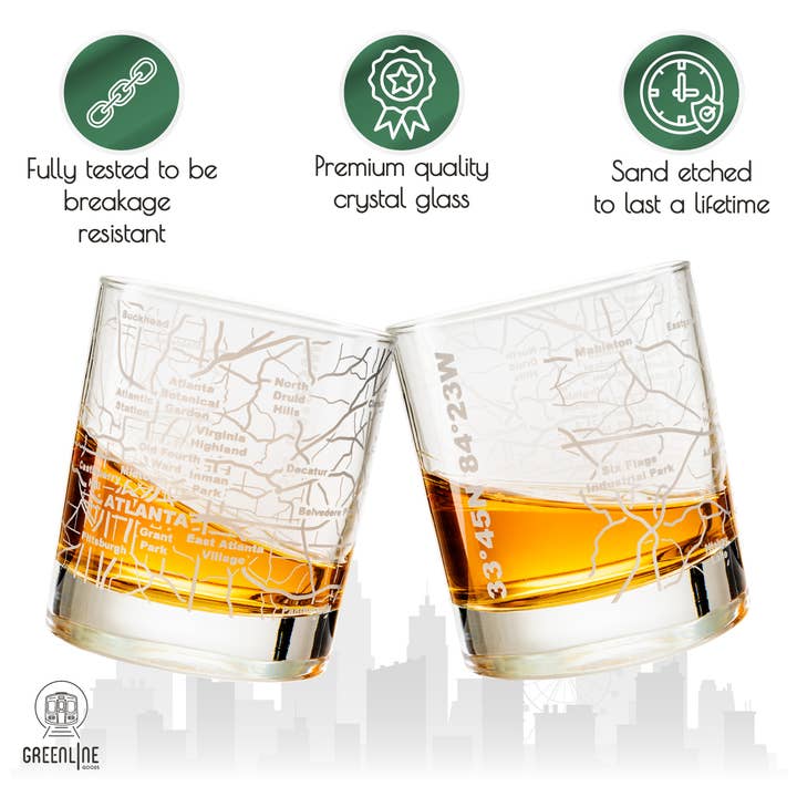 Greenline Goods - Wholesale Cocktail/Liquor Glass - Atlanta Etched Street Grid Whiskey Glasses