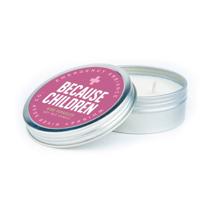 Whiskey River Soap Co. - Wholesale Travel Candles - Because Children Emergency Ambiance Travel Tin | Funny Candl