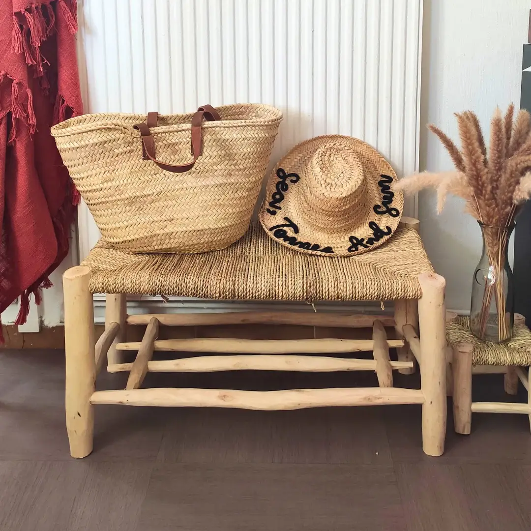 High crafty – Banco por atacado – Banco Marroquino Beldi de Madeira com Arrumação em Doum Tecido à Mão1