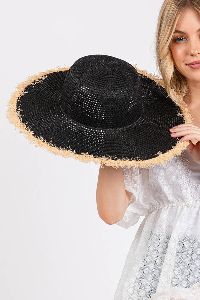 Hana - Vendita all'ingrosso Cappello di paglia - Donna - Cappello Estivo di Paglia a Tesa Larga Bicolore con Bordo Sfilacciato19