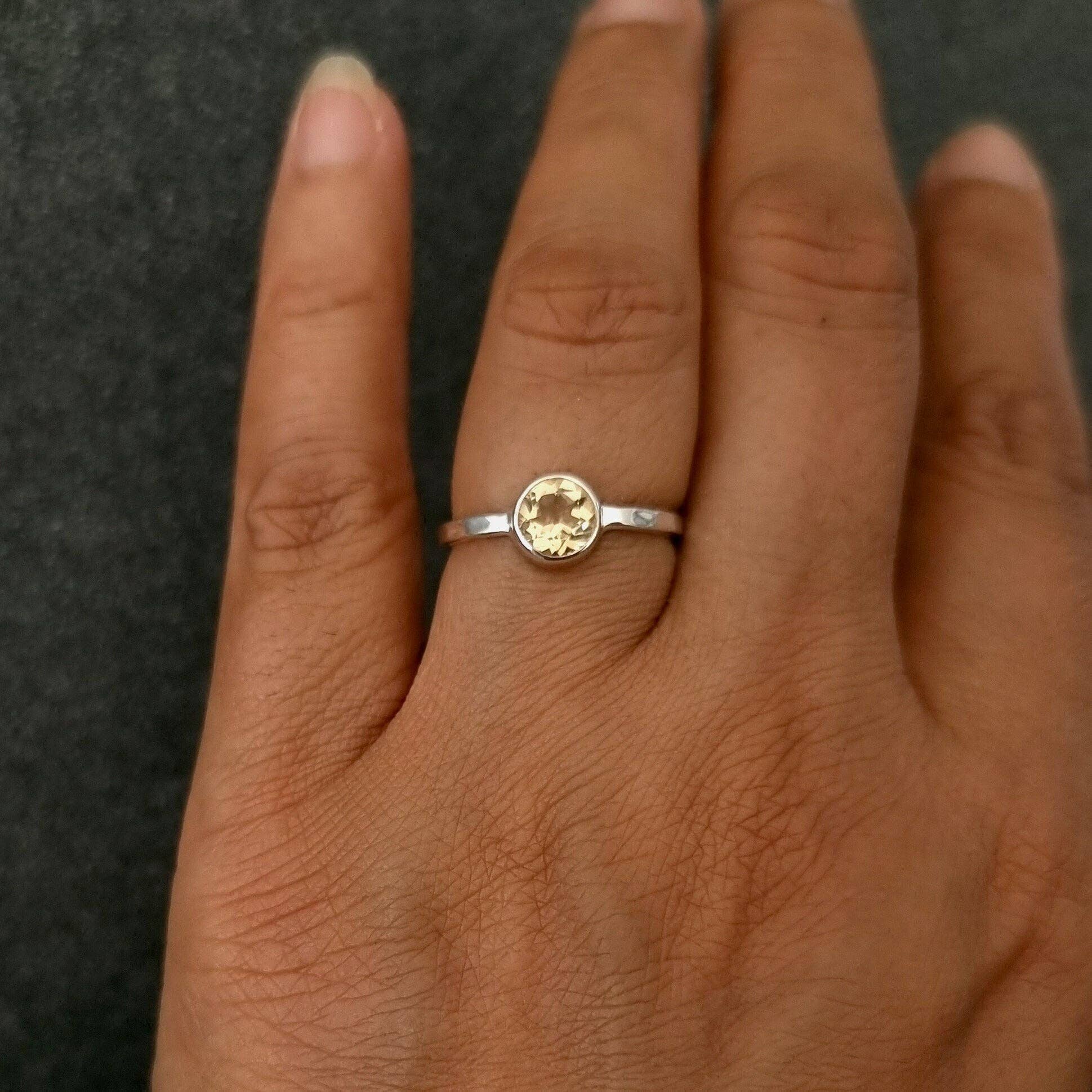 Mistry Gems - Wholesale Single Stone/Solitaire Ring - Unisex 6mm Round Citrine Ring | Hammered Sterling Silver5