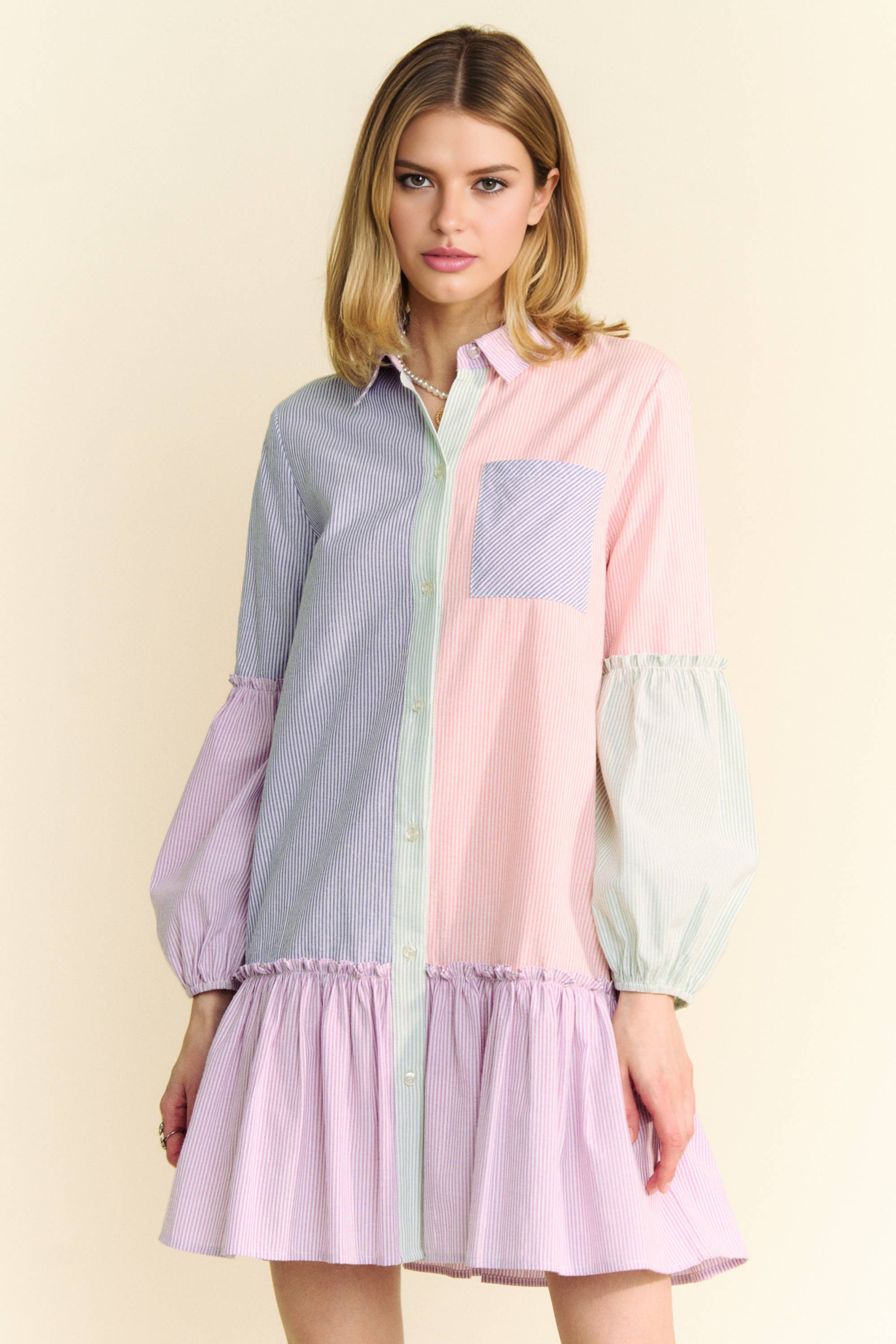 MULTI STRIPE COLOR BLOCK WAIST BALLOON SHIRT DRESS for wholesale on Faire3