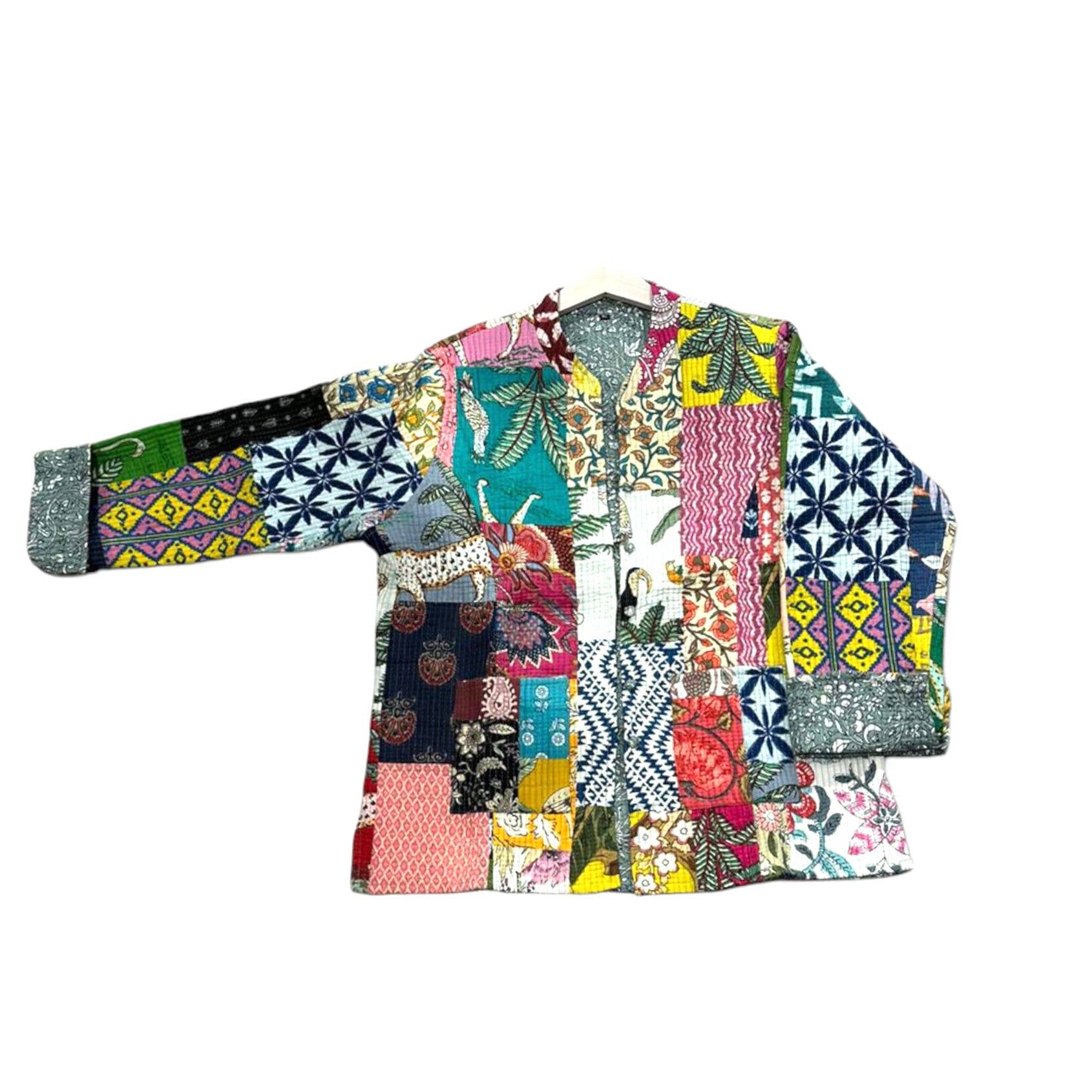 Flerfarvet Vendbar og håndlavet bomuldsjakke i patchwork-stil for engroshandel på Faire4