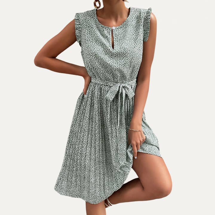 Gracefully Sage Leaf Print Sleeveless Pleated Midi Dress for wholesale by The Moment Collection