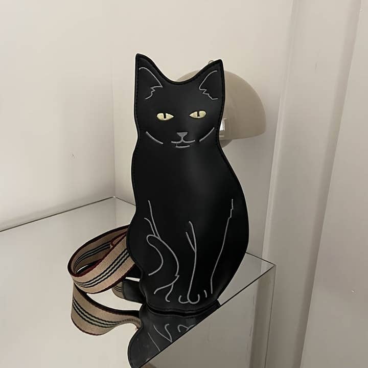 grey Stylish Black Cat Crossbody Bag - Large Capacity PU Leather, Retro Animal Design with Adjustable Strap, Cute Cartoon Shoulder Bag for Casual Outfits, Stylish Crossbody | Unique Fashion Accessory | Adjustable Strap Bag, Purse Crossbody for wholesale on Faire