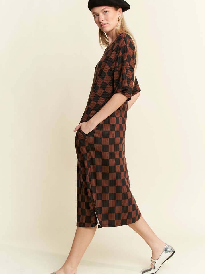 JADE BY JANE - Wholesale Dress - Women's - 1/2 SLEEVE RIBBED CHECKERBOARD MIDI DRESS