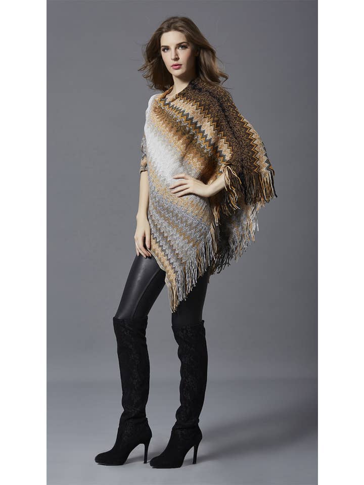 Fennco Styles - Wholesale Poncho - Women's - Knitted Zig-Zag Pullover Poncho Sweater