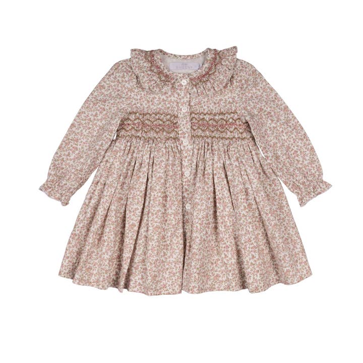 FLAVIE | Girls Beige & Pink Hand-Smocked Floral Dress for wholesale by Bebe Sweeny