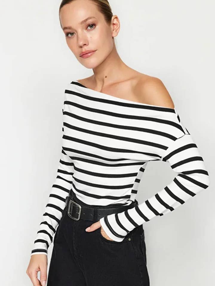 Plain Premium Soft Fabric Fitted Knit Blouse with Boat Neck for wholesale by Hoxton Gal