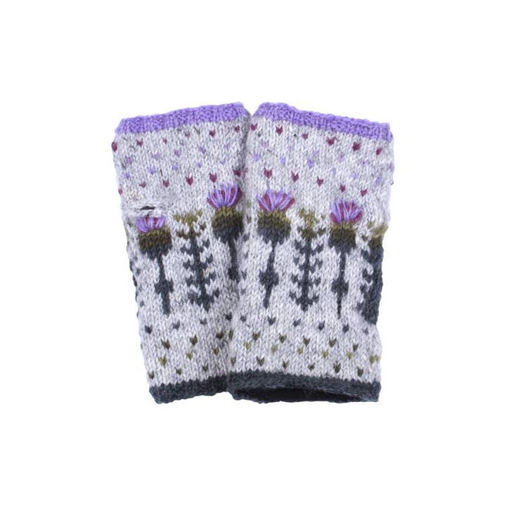 One Colour Scottish Thistle Knit Fingerless Gloves Grey Wool Floral for wholesale on Faire2