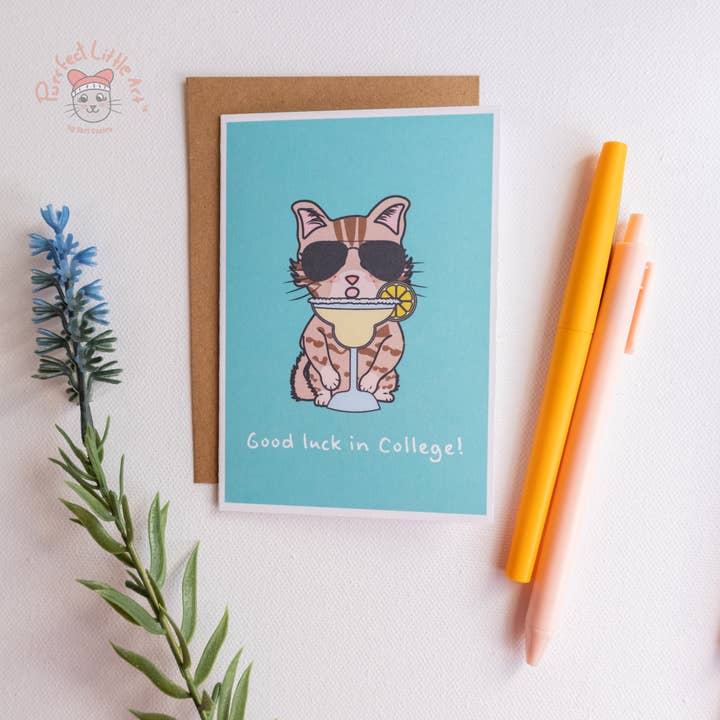 Held og lykke på college | Sjovt kattekort | Margarita kattekort for engroshandel hos Purrfect Little Art