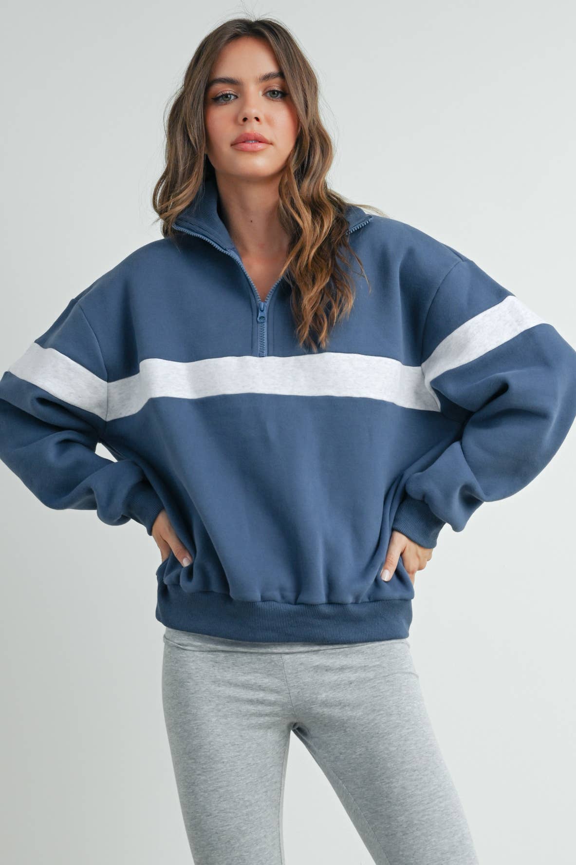 BUTTERMELON - Wholesale Sweatshirt - Women's - Two-Toned Half Zip Collar Sweatshirt - BMT753540