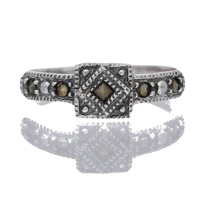 Silver Insanity - Wholesale Multi-Stone Ring - Petite Light Weight Square Sterling Silver Marcasite Ring