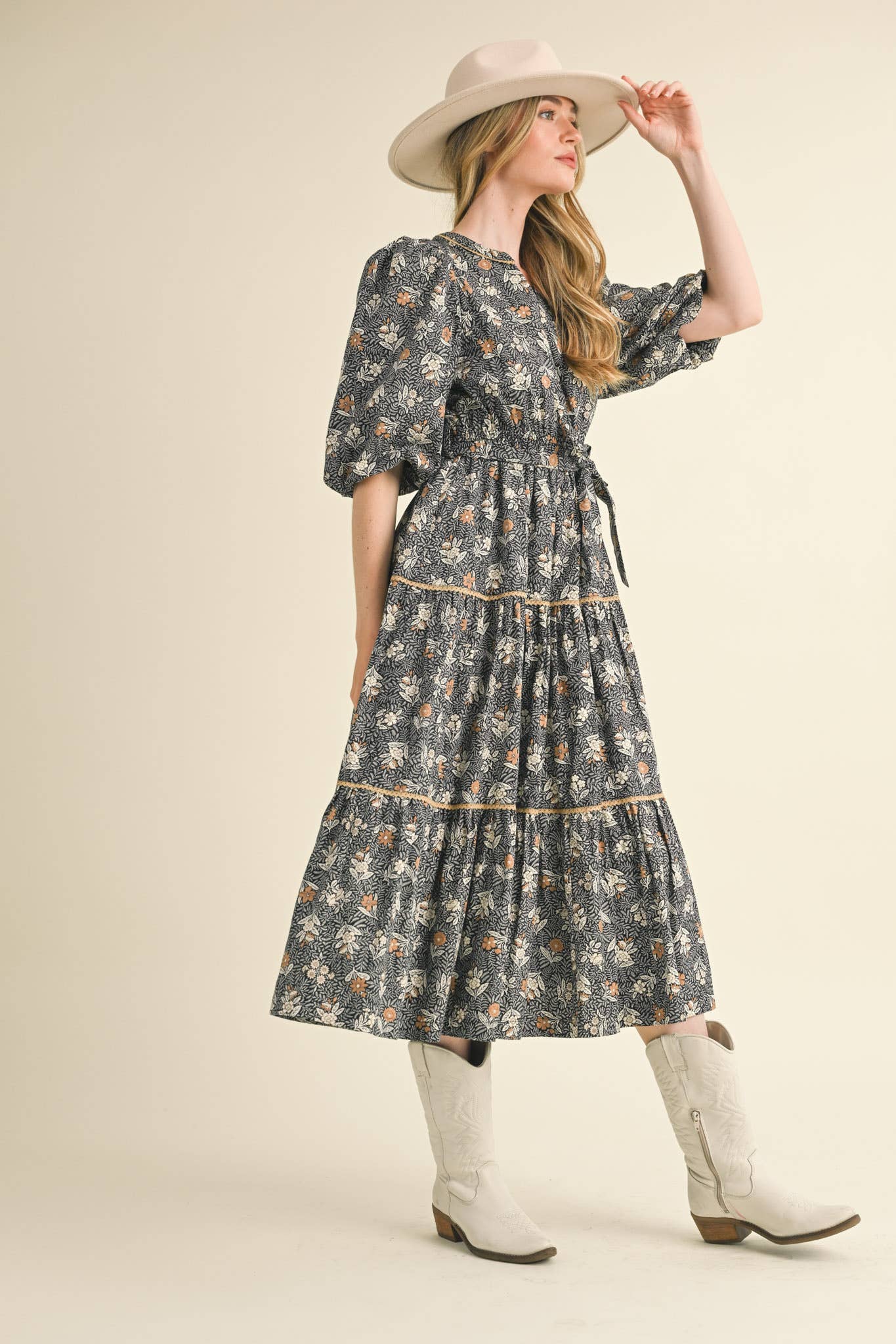 &MERCI - Wholesale Dress - Women's - BUBBLE SLEEVE LACE TRIM MIDI DRESS MDR343011