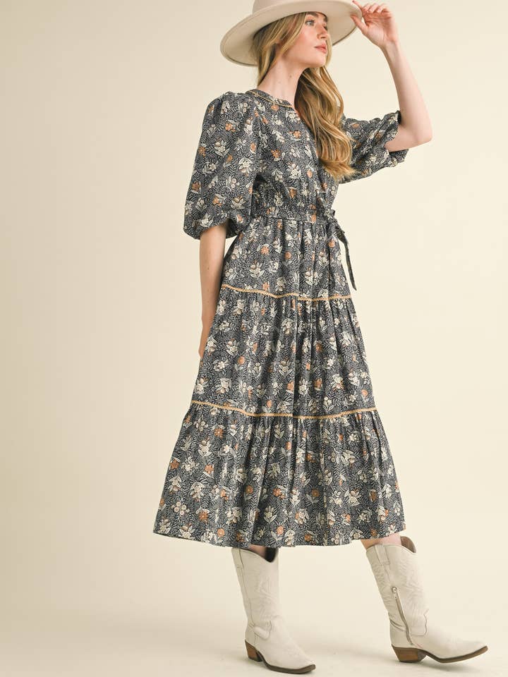 &MERCI - Wholesale Dress - Women's - BUBBLE SLEEVE LACE TRIM MIDI DRESS MDR343011