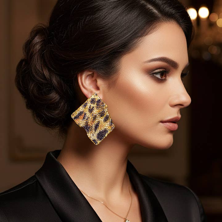 Sensibling Corp. - Wholesale Dangle Earrings - Bling Studded Leopard Pattern Abstract Plate Earrings