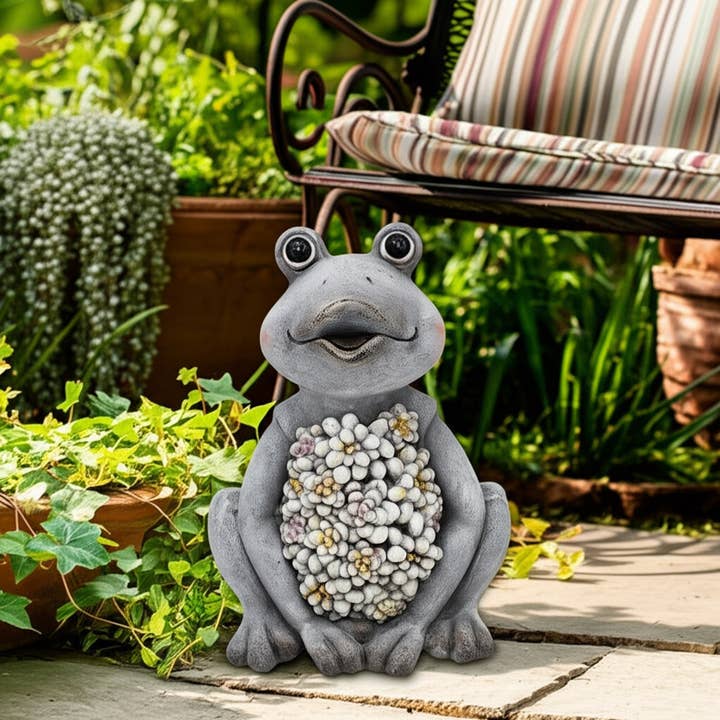Sagebrook Home - Wholesale Outdoor Ornament/Decor - Ceramic Sitting Frog Statue Solar Flowers - Gray, 13 in.