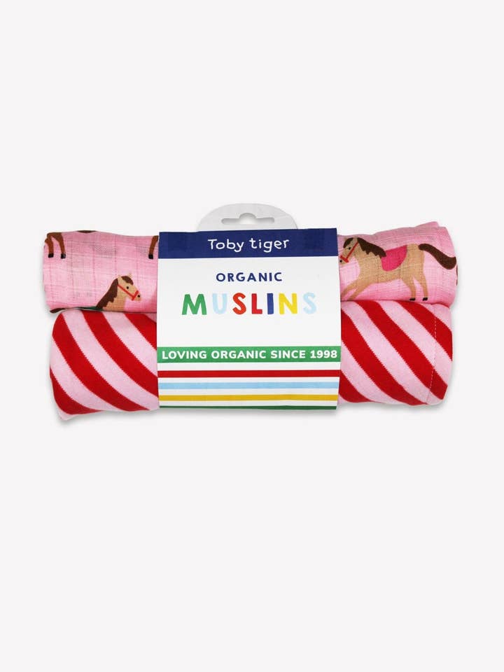 Organic Pink Horse and Pony Print 2 Pack Muslin for wholesale by Toby Tiger