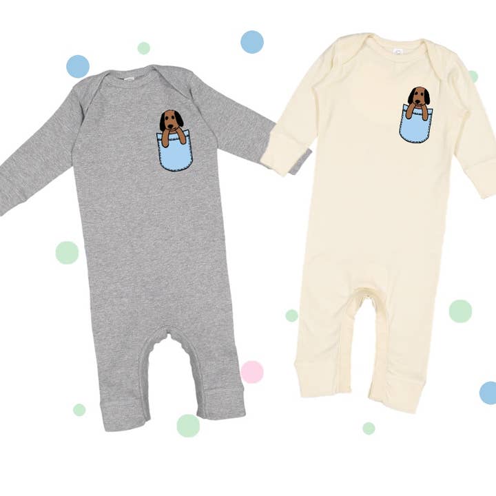 Gender neutral puppy pocket long sleeve romper for wholesale by Babynies