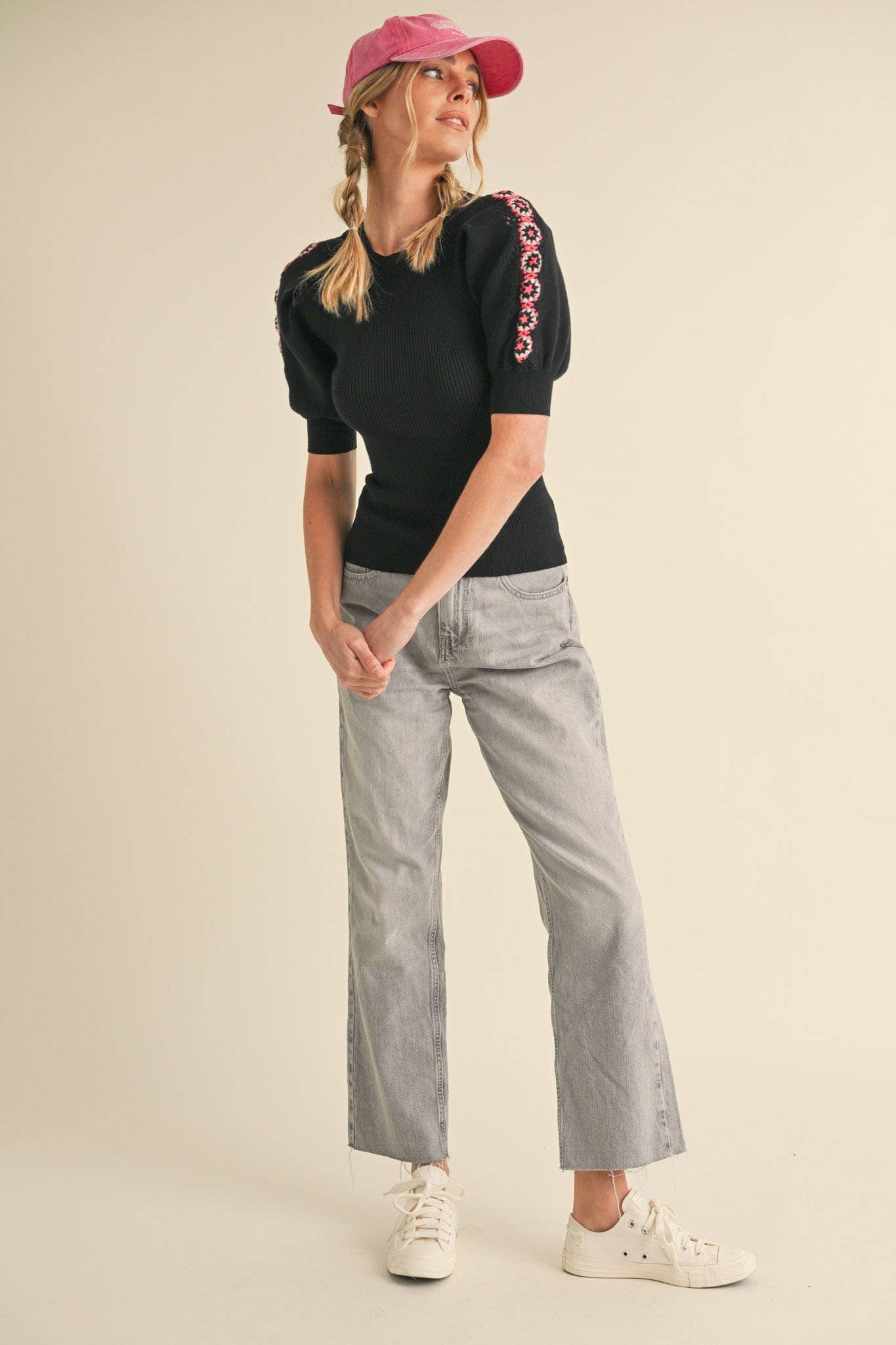 &MERCI - Wholesale Knit Top - Women's - HAND-MADE CROCHET PUFF SLEEVE SWEATER MSW1056725