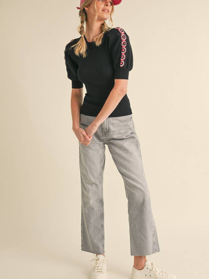 &MERCI - Wholesale Knit Top - Women's - HAND-MADE CROCHET PUFF SLEEVE SWEATER MSW1056725