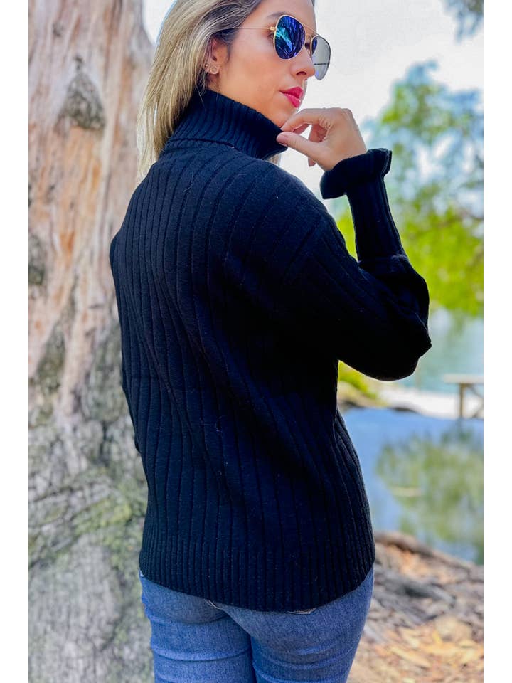 Black Ruffle Sleeve Ribbed Turtleneck Knit Sweater for wholesale on Faire6