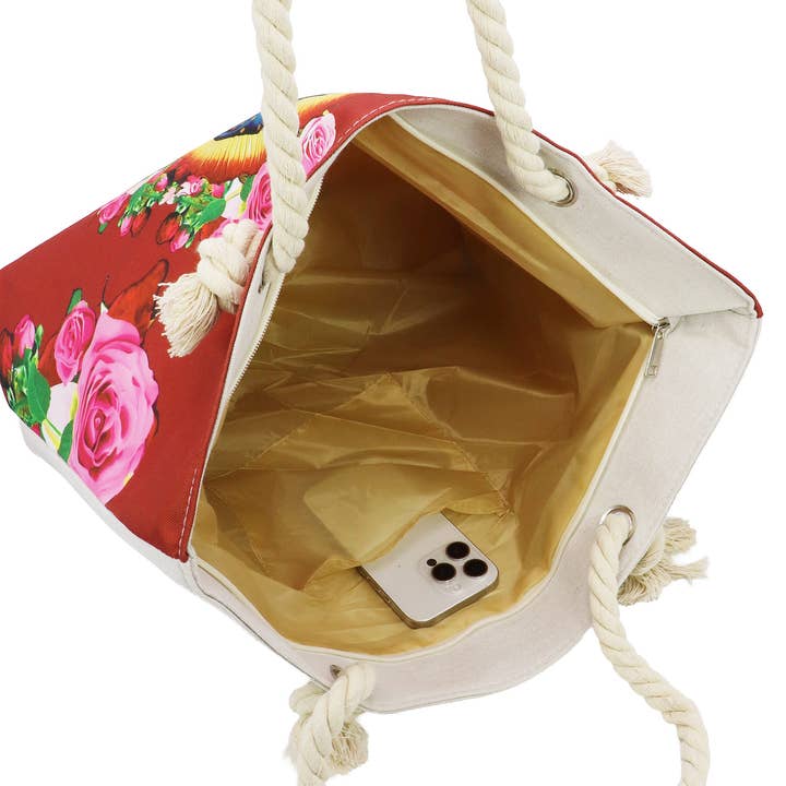 DARK RED Guadalupe Virgen Mary Zippered Canvas Tote Bag for wholesale on Faire7