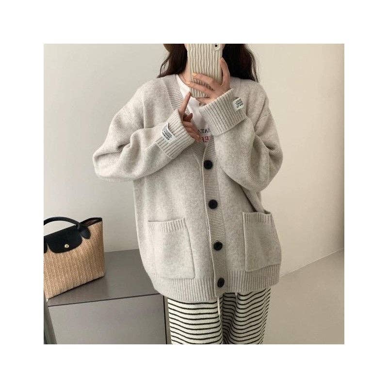 UZ Wholesale Store - Wholesale Cardigan - Women's - Vintage Loose Fit Rolled Sleeve Patch Pocket Cardigan Sweater1