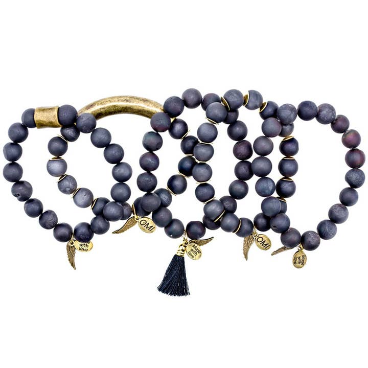 Zwarte matte druzy kralenarmband van agaat met bronzen accenten - 10 mm voor wholesale door omibeads