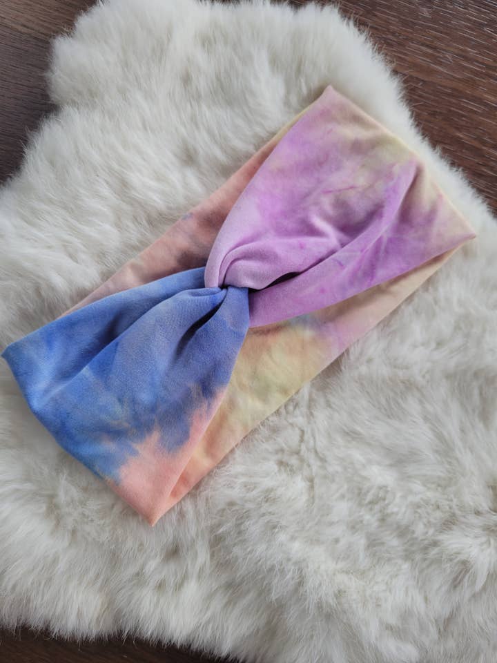 Yellow Purple Blue Peach Tie Dye Headband for wholesale by Sew fashionable headbands